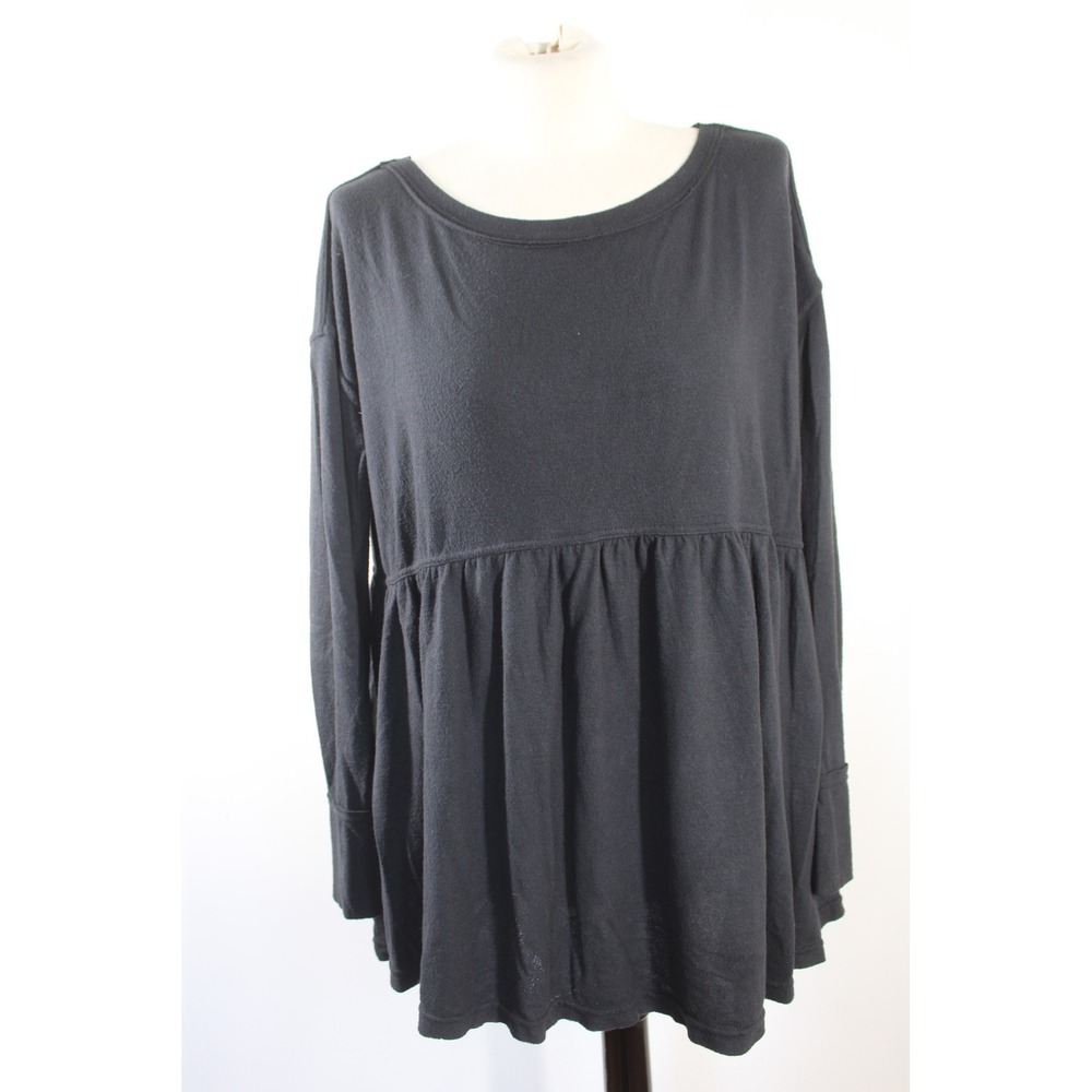 Free People Size S Black Babydoll Top Long Sleeve Empire Waist Relaxed Soft